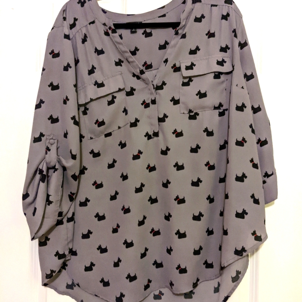 Torrid Harper Blouse, Grey Purple with Scotty Terrier Print